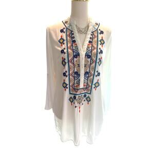 Luna Moon Boho White Embroidered Tunic Top - Small
